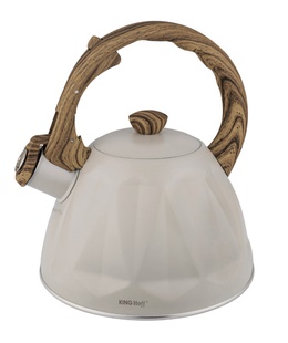 Tējkanna ar svilpi, nerūsējošā tērauda, bēšā krāsā ar koka imitācijas elementiem, 2,0 l, Kinghoff, K KH 1998  Hover