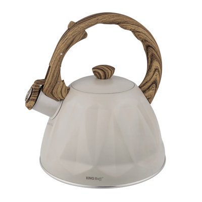Tējkanna ar svilpi, nerūsējošā tērauda, bēšā krāsā ar koka imitācijas elementiem, 2,0 l, Kinghoff, K KH 1998