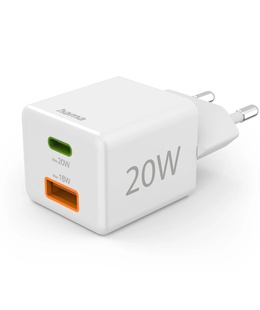 Hama 00201991 Fast Charger 1x USB-C 1x USB-A, Mini Charger, PD, 20W, White  Hover