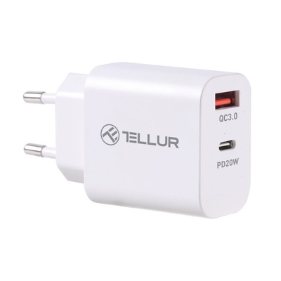  Tellur Dual Port Wall Charger PDHC PD 20W + QC3,0 18W White