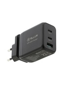  Tellur GaN 65W 3-port wall charger, 2xUSB-C + USB-A, EU,UK,US, black