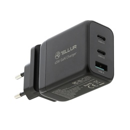  Tellur GaN 65W 3-port wall charger, 2xUSB-C + USB-A, EU,UK,US, black