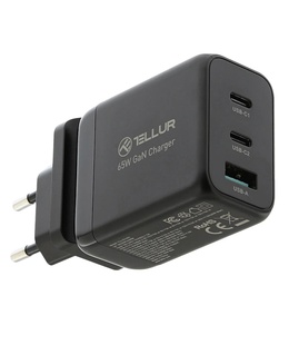  Tellur GaN 65W 3-port wall charger, 2xUSB-C + USB-A, EU,UK,US, black  Hover