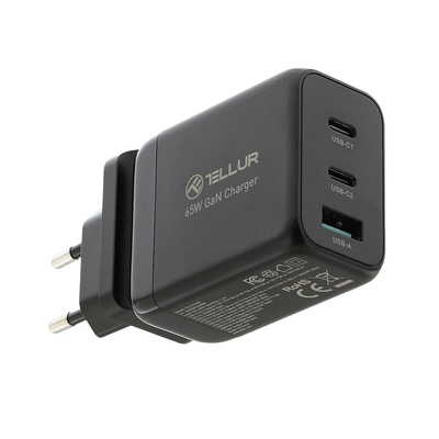  Tellur GaN 65W 3-port wall charger, 2xUSB-C + USB-A, EU,UK,US, black