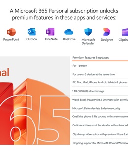  Microsoft Microsoft 365 Personal QQ2-01897 FPP License term 1 year(s) English Premium Office apps  Hover