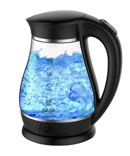 Tējkanna Adler | Kettle | AD 1274 | Standard | 2200 W | 1.7 L | Plastic/Glass | 360° rotational base | Black/ transparent  Hover