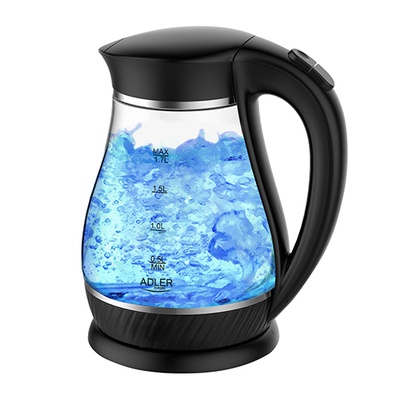 Tējkanna Adler | Kettle | AD 1274 | Standard | 2200 W | 1.7 L | Plastic/Glass | 360° rotational base | Black/ transparent