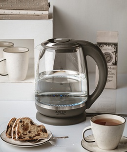 Tējkanna Adler | Kettle | AD 1286 | Standard | 2200 W | 2 L | Plastic/Glass | 360° rotational base | Grey/ transparent  Hover