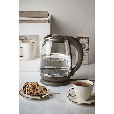 Tējkanna Adler | Kettle | AD 1286 | Standard | 2200 W | 2 L | Plastic/Glass | 360° rotational base | Grey/ transparent