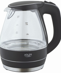 Tējkanna Kettle | Adler | Kettle | AD 1224 | Standard | 2000 W | 1.5 L | Glass | 360° rotational base | Black  Hover
