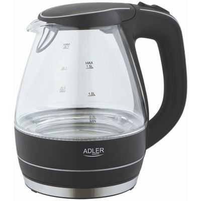Tējkanna Kettle | Adler | Kettle | AD 1224 | Standard | 2000 W | 1.5 L | Glass | 360° rotational base | Black