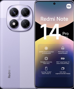 Telefons Xiaomi Redmi | Note 14 Pro | Lavender Purple | 6.67  | AMOLED | 1220 x 2712 pixels | Mediatek | Internal RAM 8 GB | 256 GB | Dual SIM | 5G | Main camera resolution 50+8+2 MP | Secondary camera resolution 20 MP | Android | 14  Hover