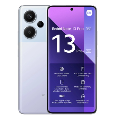 Telefons Xiaomi | Redmi | Note 13 Pro+ | Aurora Purple | 6.67  | AMOLED | 1220 x 2712 pixels | Mediatek | Dimensity 7200 Ultra | Internal RAM 12 GB | 512 GB | Dual SIM | Nano-SIM | 4G | 5G | Main camera 200+8+2 MP | Secondary camera 16 MP | Android | 13 | 5000 mAh
