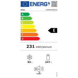  Midea Refrigerator | MDRB489FGE02O | Energy efficiency class E | Free standing | Combi | Height 201 cm | No Frost system | Fridge net capacity 247 L | Freezer net capacity 83 L | Display | 41 dB | Stainless steel