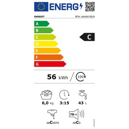 Veļas mazgājamā  mašīna INDESIT | Washing machine | BTW L60400 EE/N | Energy efficiency class C | Top loading | Washing capacity 6 kg | 951 RPM | Depth 60 cm | Width 40 cm | White