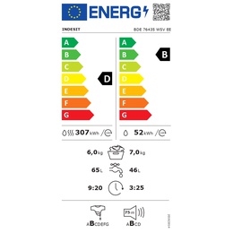 Veļas mazgājamā  mašīna INDESIT | Washing machine with Dryer | BDE 76435 WSV EE | Energy efficiency class B/D | Front loading | Washing capacity 7 kg | 1351 RPM | Depth 54 cm | Width 60 cm | LCD | Drying system | Drying capacity 6 kg | Steam function | White