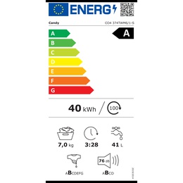 Veļas mazgājamā  mašīna Candy Washing machine | CO4 374TWM6/1-S | Energy efficiency class A | Front loading | Washing capacity 7 kg | 1300 RPM | Depth 45.4 cm | Width 60 cm | Display | 4-digit | Direct drive | Wi-Fi | White