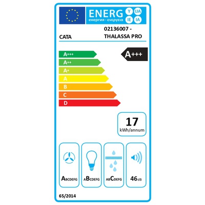  CATA Hood | THALASSA PRO 60 GWH | Wall mounted | Energy efficiency class A+++ | Width 60 cm | 842 m³/h | Electronic | LED | White Glass