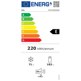  ETA Refrigerator | ETA275090000E | Energy efficiency class E | Free standing | Combi | Height 180 cm | No Frost system | Fridge net capacity 182 L | Freezer net capacity 71 L | 40 dB | White