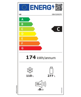  LG | Refrigerator | GBV3200CPY | Energy efficiency class C | Free standing | Combi | Height 203 cm | No Frost system | Fridge net capacity 277 L | Freezer net capacity 110 L | Display | 35 dB | Silver  Hover