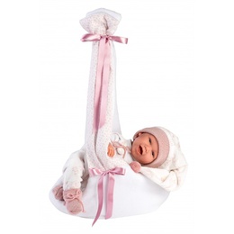  Lelle zīdainis Mimi 42 cm (pārnes. soma ar stārķi, smejas, runā, ar mānekli, mīkstais ķermenis) Spānija LL74006