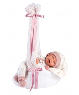  Lelle zīdainis Mimi 42 cm (pārnes. soma ar stārķi, smejas, runā, ar mānekli, mīkstais ķermenis) Spānija LL74006  Hover